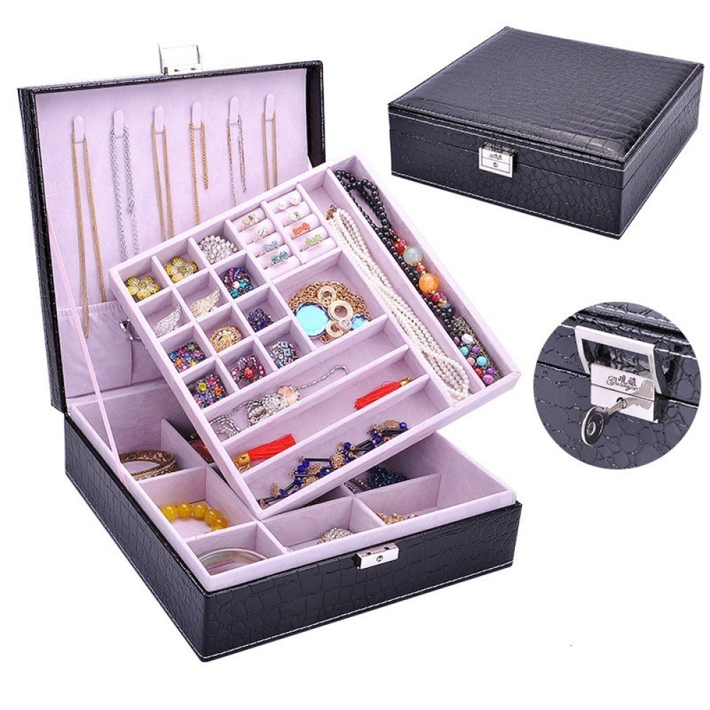 2 Layers Large Leather Square Jewelry Box With Mirror Pu Jewelry Cases Storage Box sp01104